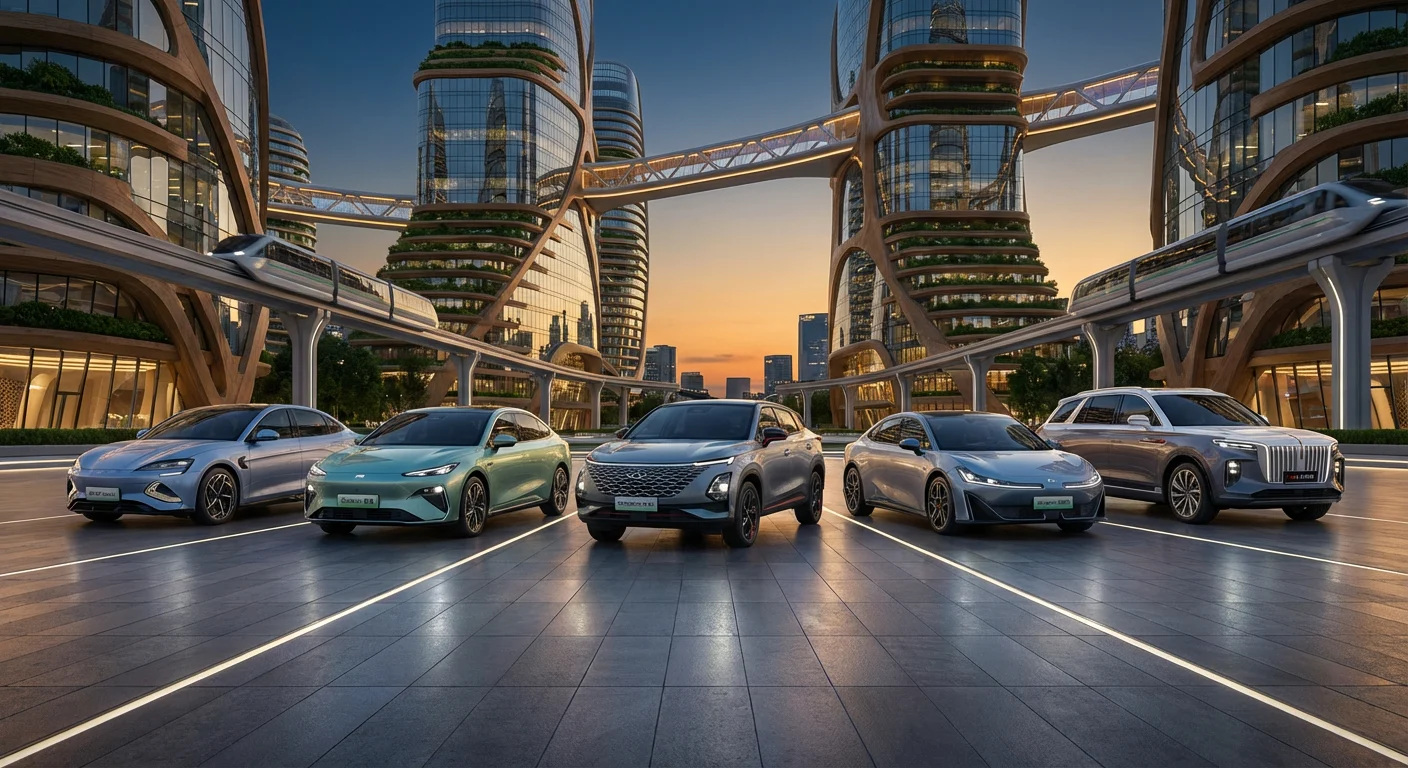A lineup of modern Chinese cars from brands like BYD, Geely, Chery, GAC, photographed in a futuristic outdoor setting, hyper-realistic 8k automotive photography