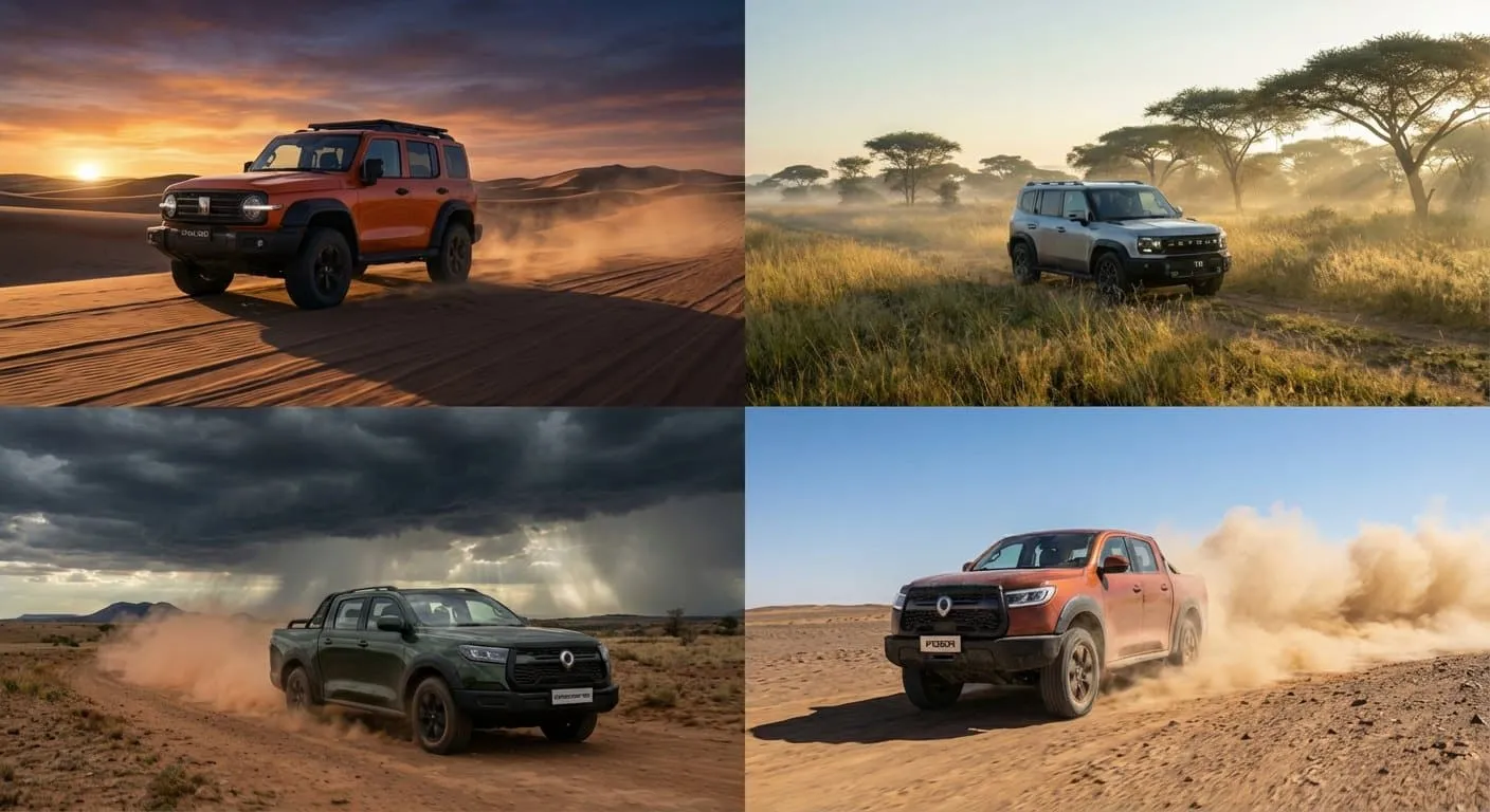 Chinese-made SUVs and pickups driving through the landscapes of deserts and African grasslands