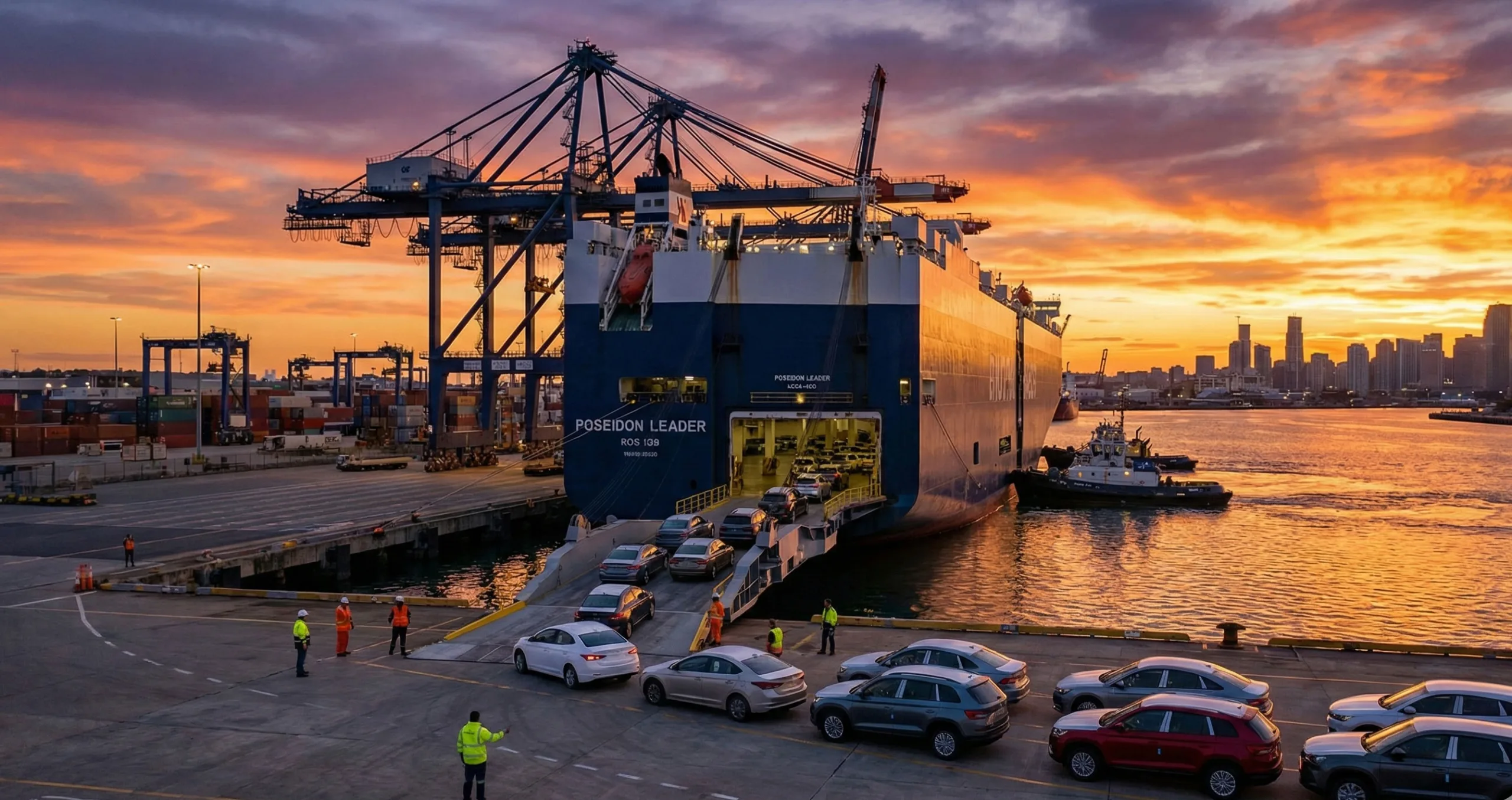 cars-being-loaded-onto-a-RORO-vessel-at-a-port,-cranes,-harbor-sunset