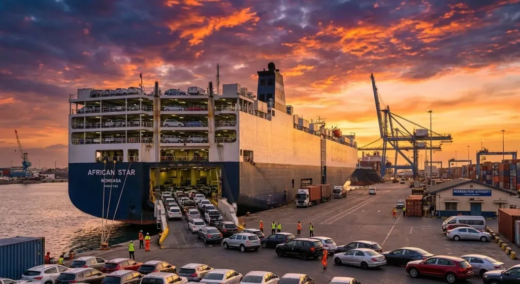 cars loaded on RORO ship at port