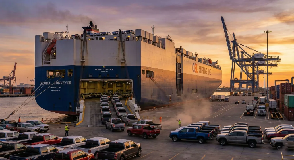 pickup trucks loaded on RORO vessel