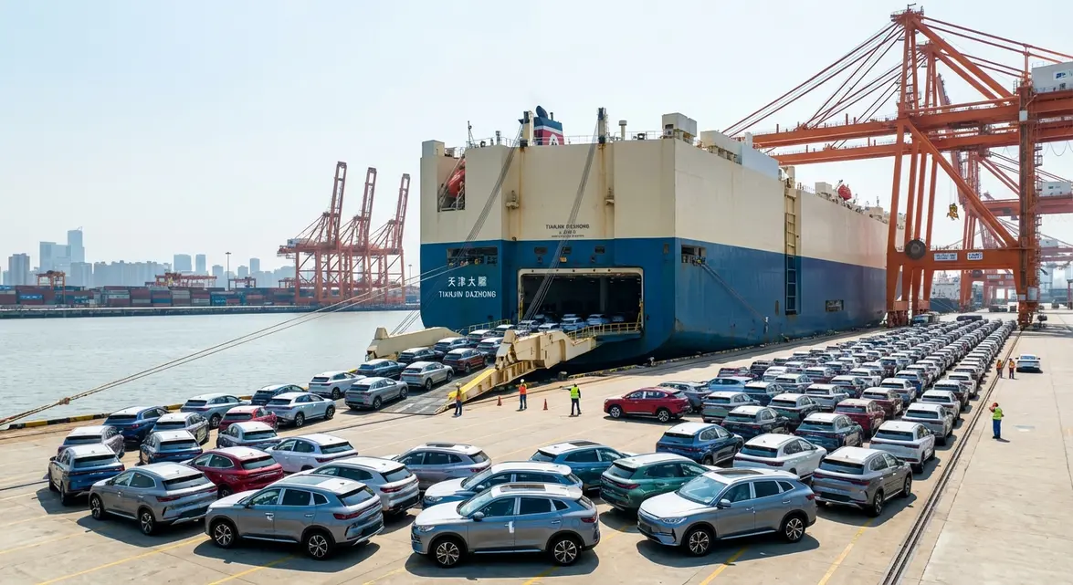 Logistics operation showing can you export used cars from china via Ro-Ro vessel at a busy port