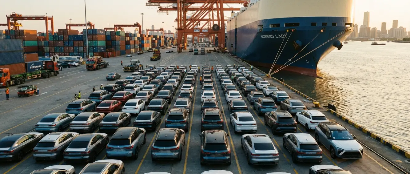 Row of vehicles at a port ready for export representing the market for a cheap used car from china