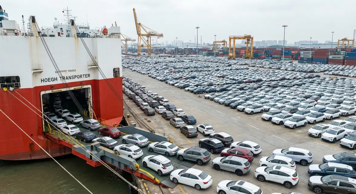 Rows of cheap used cars for sale from China waiting at a port terminal for export loading